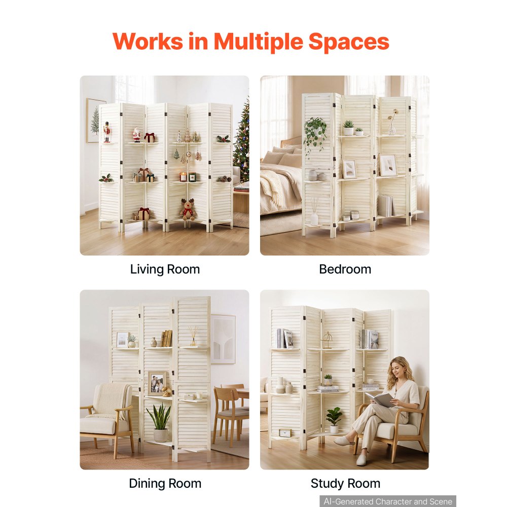 VEVOR Wood Room Divider 6 Panels Wood Folding Privacy Screen with Shelves, For Room Separation & Home Decor, 67.1 in Tall, Solid Frame, 360° Two-Way Hinges, Louvered Wooden Partition with Hardware