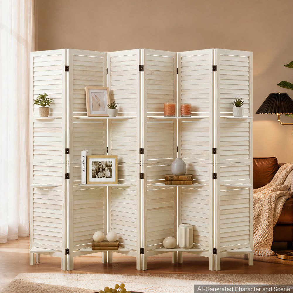 VEVOR Wood Room Divider 6 Panels Wood Folding Privacy Screen with Shelves, For Room Separation & Home Decor, 67.1 in Tall, Solid Frame, 360° Two-Way Hinges, Louvered Wooden Partition with Hardware