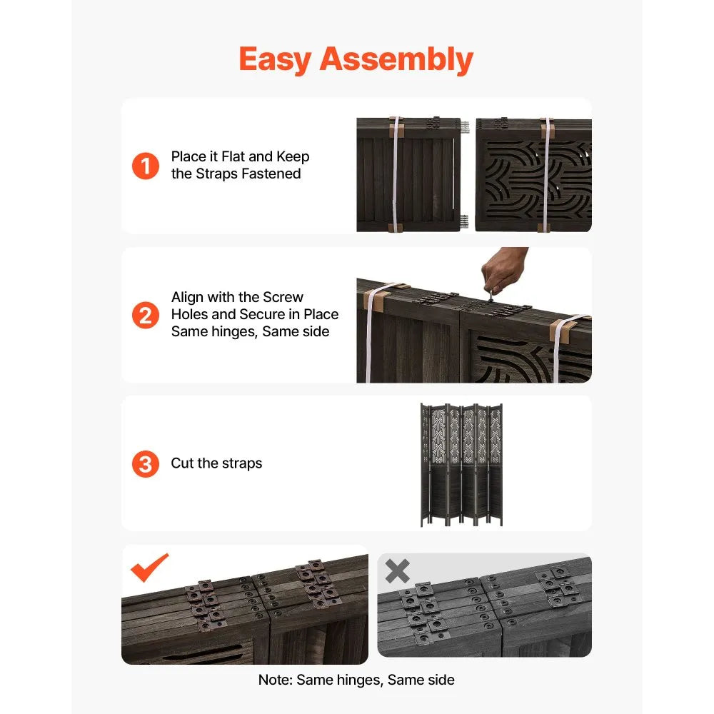 VEVOR Wood Room Divider 6 Panels 67 in Carved Wood Folding Privacy Screen, For Room Separation & Home Decor, Solid Frame, 360° Two-Way Hinges, Easy Assembly, Louvered Wooden Partition with Hardware