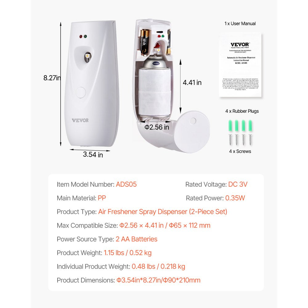VEVOR Automatic Air Freshener Spray Dispenser, 2-Pack, Wall Mounted or Free Standing, Battery Operated, Multiple Time Settings for Home, Indoor, Bathrooms, Offices, Hotels, Commercial Places, White