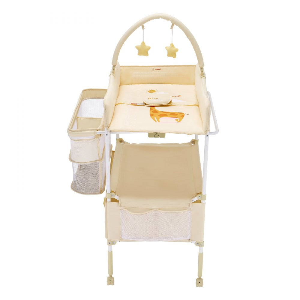 VEVOR Baby Changing Table, Foldable Diaper Change Station with 2 Fabric Drawers, Side Basket & Hanging Rod, Adjustable Height Portable Changing Table with Lockable Wheels & 2 Star Toys, Light Beige
