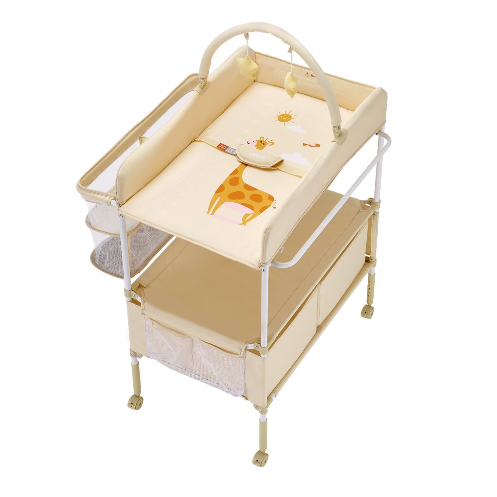 VEVOR Baby Changing Table, Foldable Diaper Change Station with 2 Fabric Drawers, Side Basket & Hanging Rod, Adjustable Height Portable Changing Table with Lockable Wheels & 2 Star Toys, Light Beige
