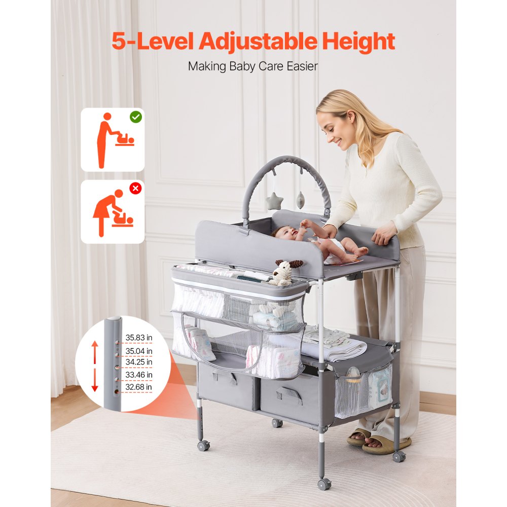 VEVOR Baby Changing Table, Foldable Diaper Change Station with 2 Fabric Drawers, Side Basket & Hanging Rod, Adjustable Height Portable Changing Table with Lockable Wheels & 2 Star Toys, Light Gray