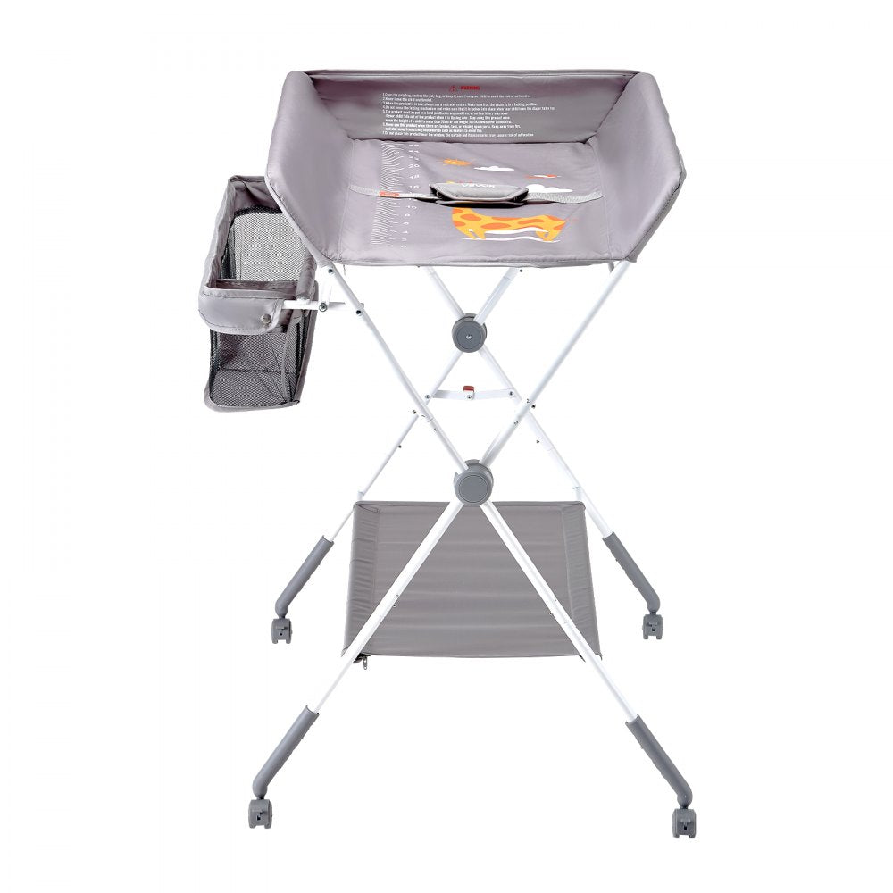 VEVOR Baby Changing Table, Foldable Diaper Change Station with Side Basket, Adjustable Height Portable Changing Table with Lockable Wheels, Multi-Functional Storage Organizer Nursery, Light Gray
