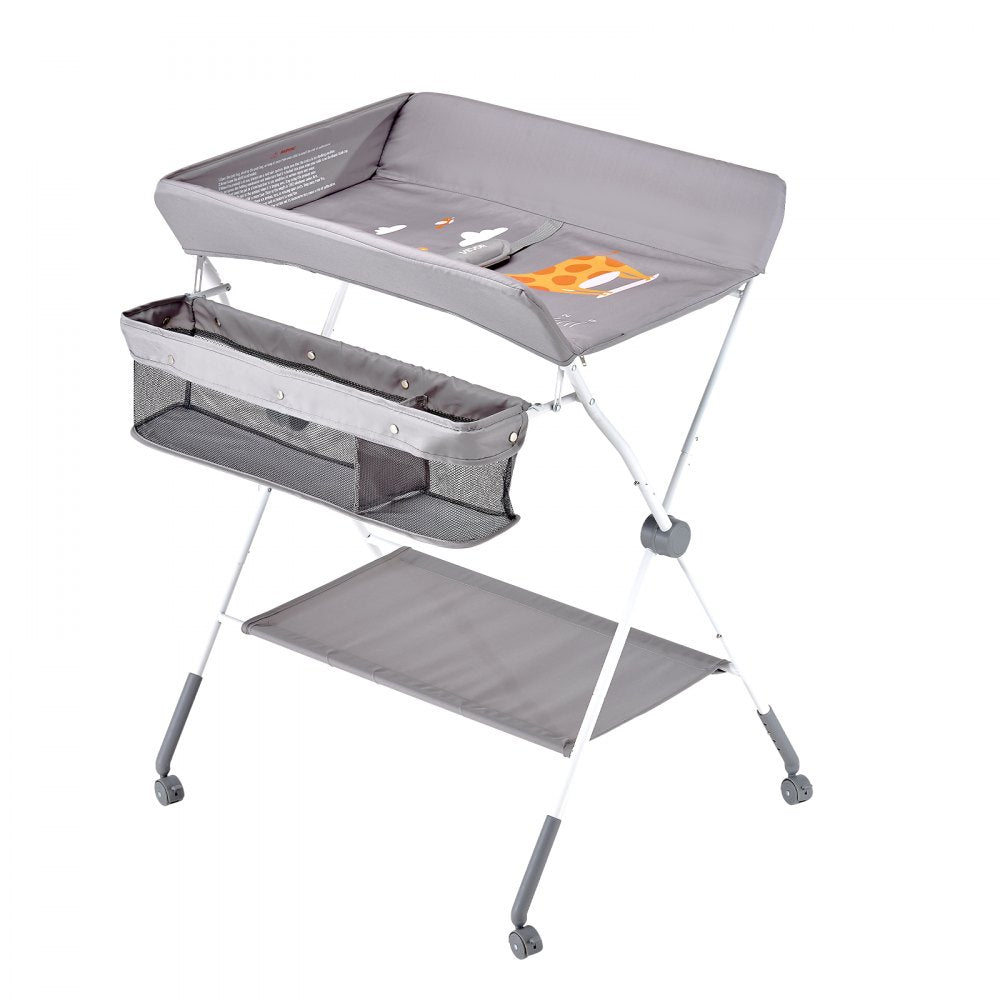 VEVOR Baby Changing Table, Foldable Diaper Change Station with Side Basket, Adjustable Height Portable Changing Table with Lockable Wheels, Multi-Functional Storage Organizer Nursery, Light Gray
