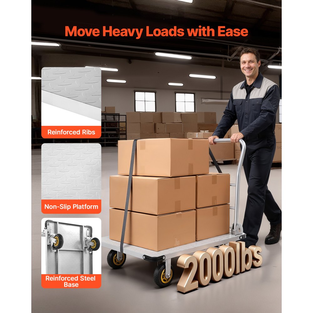 VEVOR Platform Truck, 2000 lbs Capacity, Heavy Duty Steel Flatbed Cart with Swivel Wheels and Handle, Foldable Platform Hand Push Truck Dolly, for Groceries, Garage, Warehouse, 35.4 x 23.6 x 35.4 in