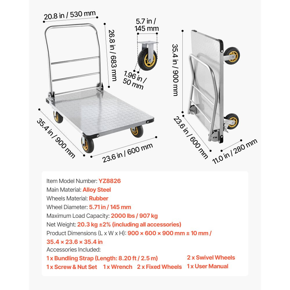 VEVOR Platform Truck, 2000 lbs Capacity, Heavy Duty Steel Flatbed Cart with Swivel Wheels and Handle, Foldable Platform Hand Push Truck Dolly, for Groceries, Garage, Warehouse, 35.4 x 23.6 x 35.4 in