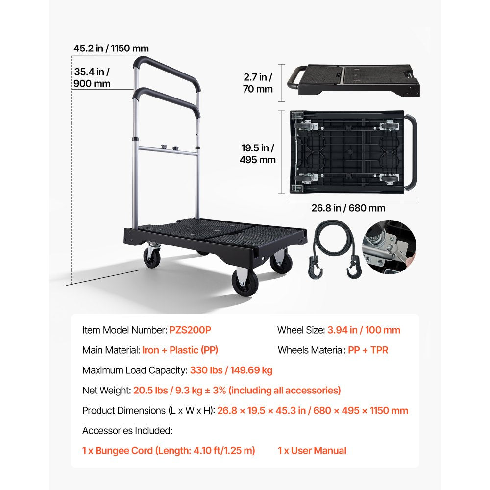VEVOR Foldable Push Cart Dolly, 330 lbs Capacity, Folding Platform Truck with Swivel Wheels, Moving Platform Hand Truck Flatbed Cart, Adjustable Push Handle, for Easy Storage, 26.8 x 19.5 x 4.5 in