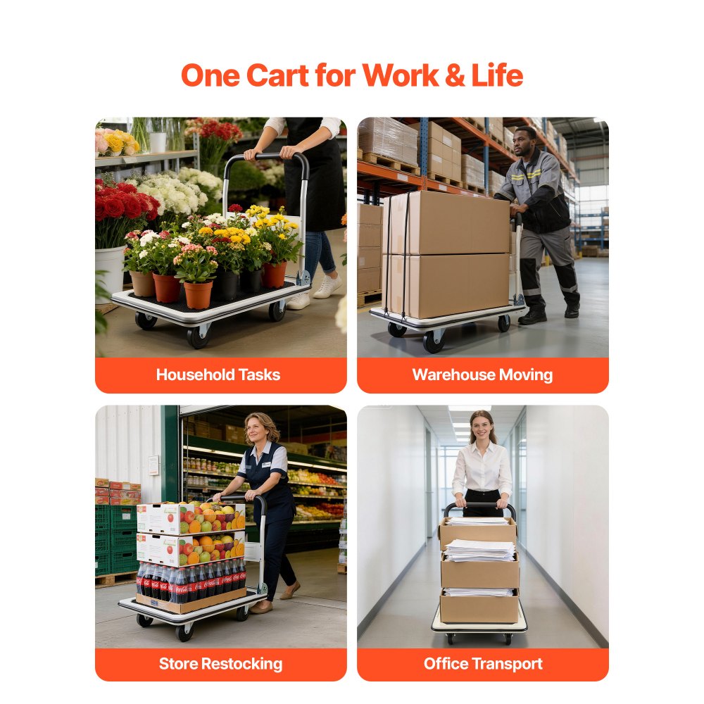 VEVOR Foldable Push Cart Dolly, 660 lbs Load Capacity, Folding Platform Truck with Swivel Wheels, Moving Platform Hand Truck Flatbed Cart, Space Saving Push Handle, for Easy Storage, 35.4 x 34.3 x 24 in