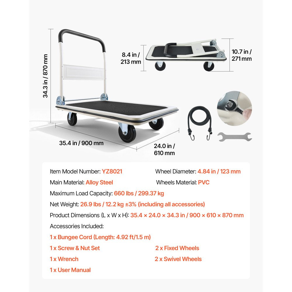 VEVOR Foldable Push Cart Dolly, 660 lbs Load Capacity, Folding Platform Truck with Swivel Wheels, Moving Platform Hand Truck Flatbed Cart, Space Saving Push Handle, for Easy Storage, 35.4 x 34.3 x 24 in