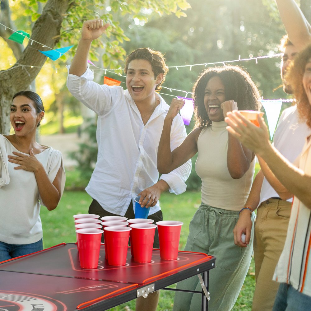 VEVOR 8 Foot Portable Beer Pong Table, LED Lights, Foldable Tailgate Table with Carrying Handles and 6 Pong Balls, Adjustable Height, Lightweight Table for Office, Tailgate Party, Travel & Camping