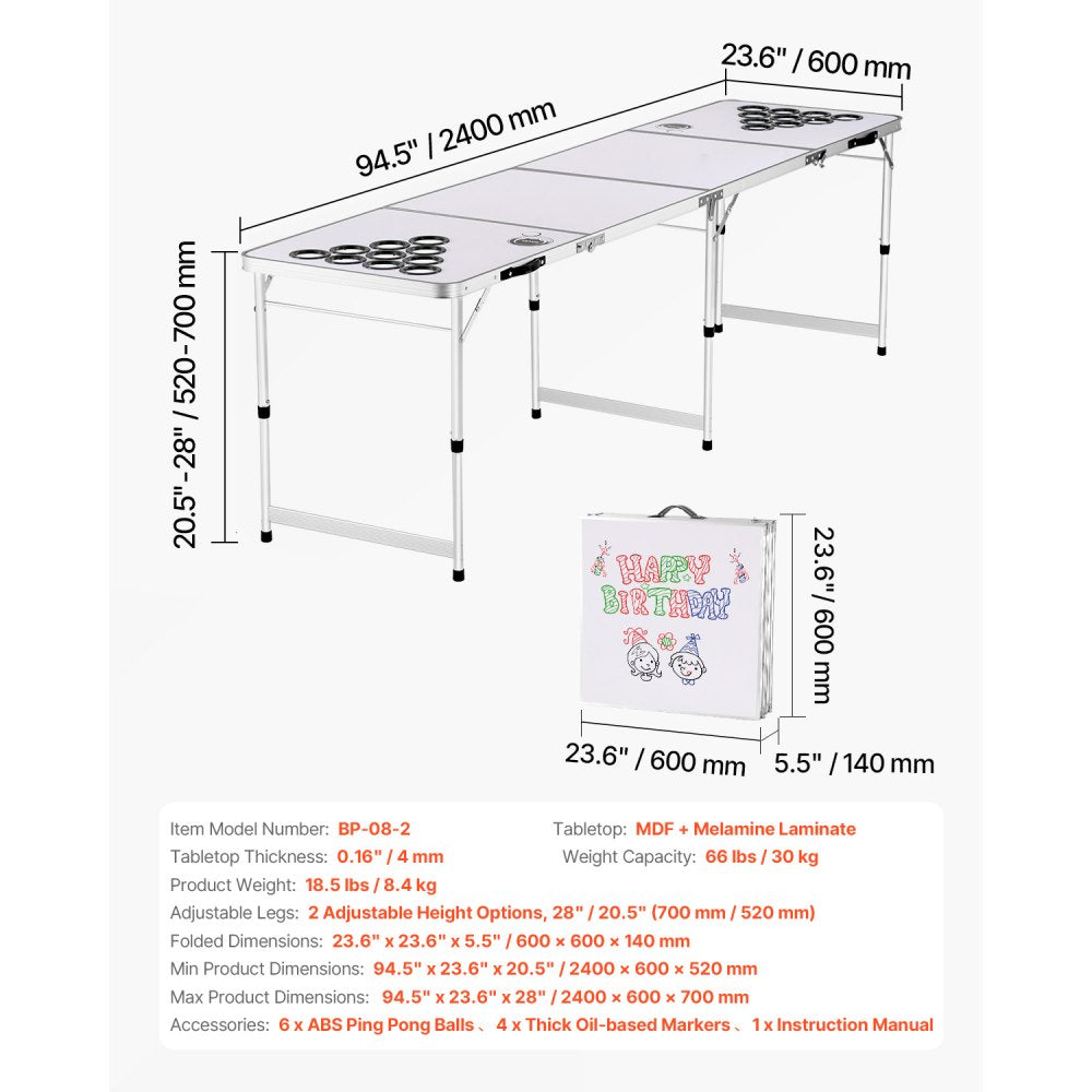 VEVOR 8 Foot Portable Beer Pong Table, Folding Tailgate Table, Cup Holes, Dry Erase Markers and Carrying Handles, Adjustable Height, Lightweight Table for Office, Tailgate Party & Camping, White