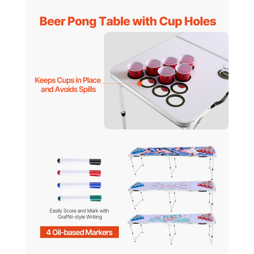 VEVOR 8 Foot Portable Beer Pong Table, Folding Tailgate Table, Cup Holes, Dry Erase Markers and Carrying Handles, Adjustable Height, Lightweight Table for Office, Tailgate Party & Camping, White