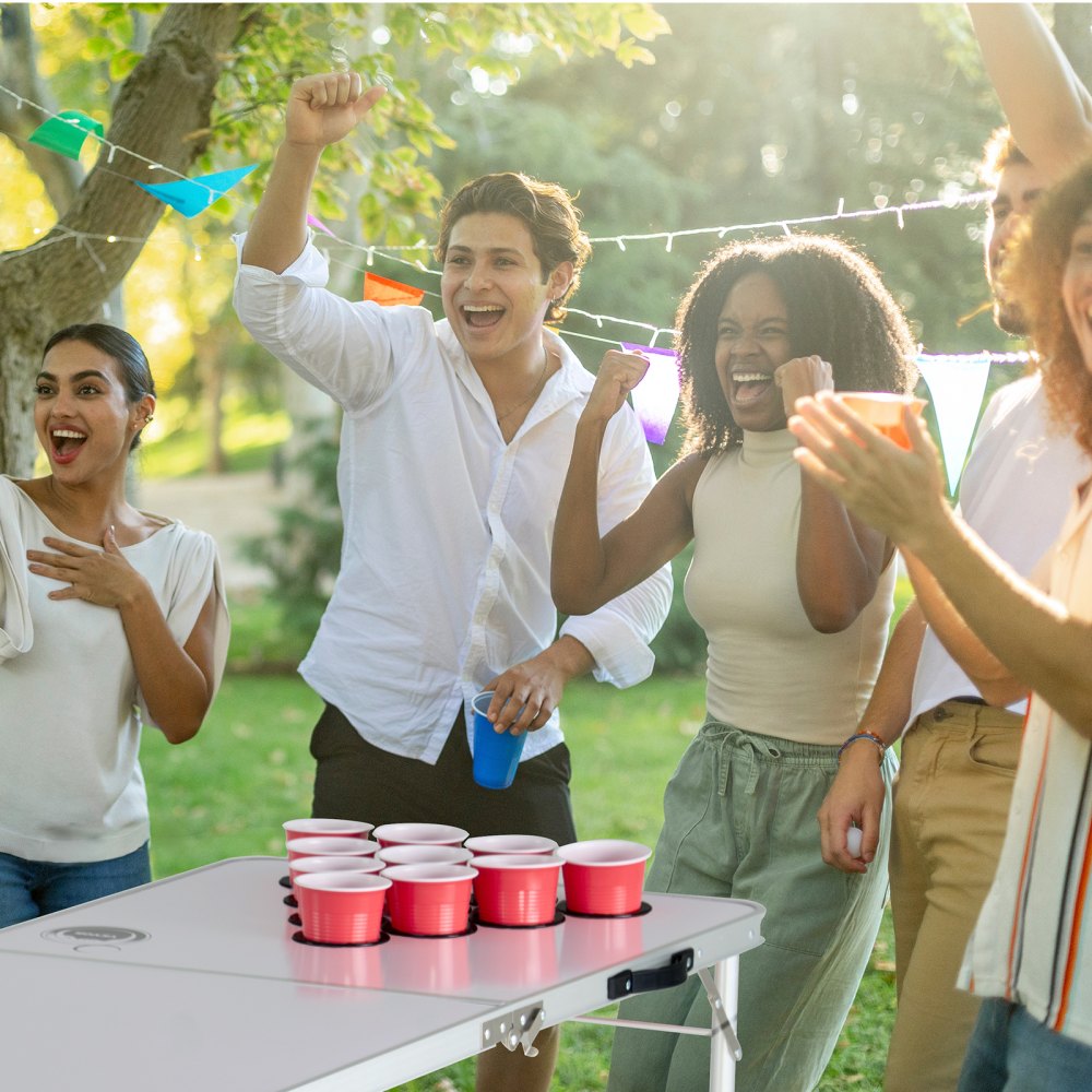 VEVOR 8 Foot Portable Beer Pong Table, Folding Tailgate Table, Cup Holes, Dry Erase Markers and Carrying Handles, Adjustable Height, Lightweight Table for Office, Tailgate Party & Camping, White