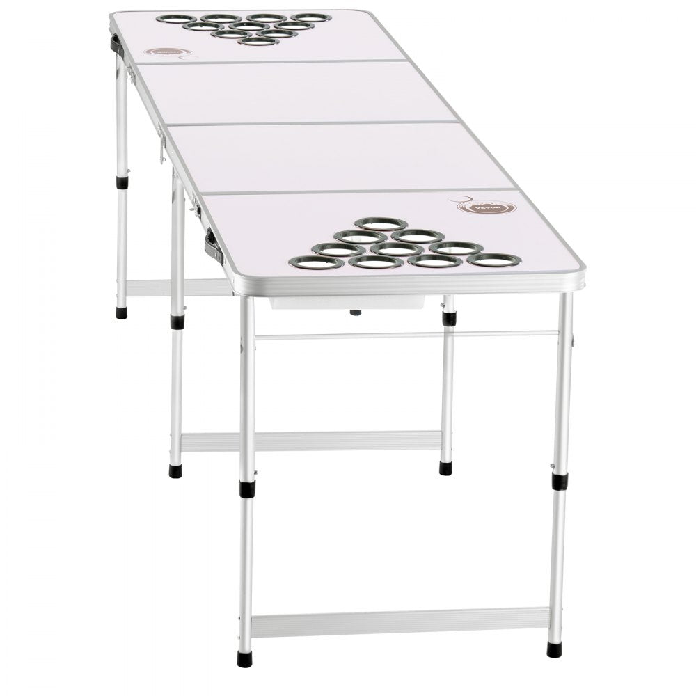 VEVOR 8 Foot Portable Beer Pong Table, Folding Tailgate Table, Cup Holes, Dry Erase Markers and Carrying Handles, Adjustable Height, Lightweight Table for Office, Tailgate Party & Camping, White
