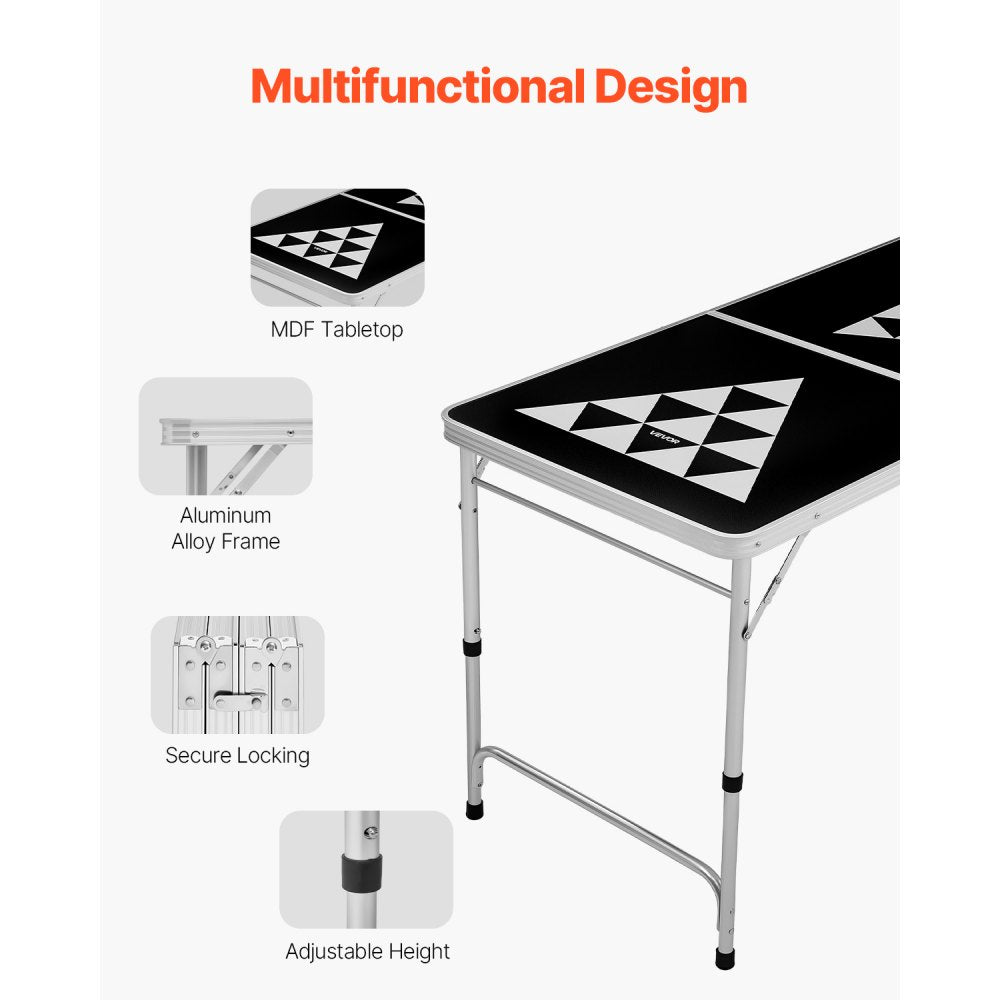 VEVOR 8 Foot Portable Beer Pong Table, Foldable Tailgate Table,Carrying Handles and 6 Pong Balls, Adjustable Height, Lightweight Table for Office, Tailgate Party, Travel and Camping, Black