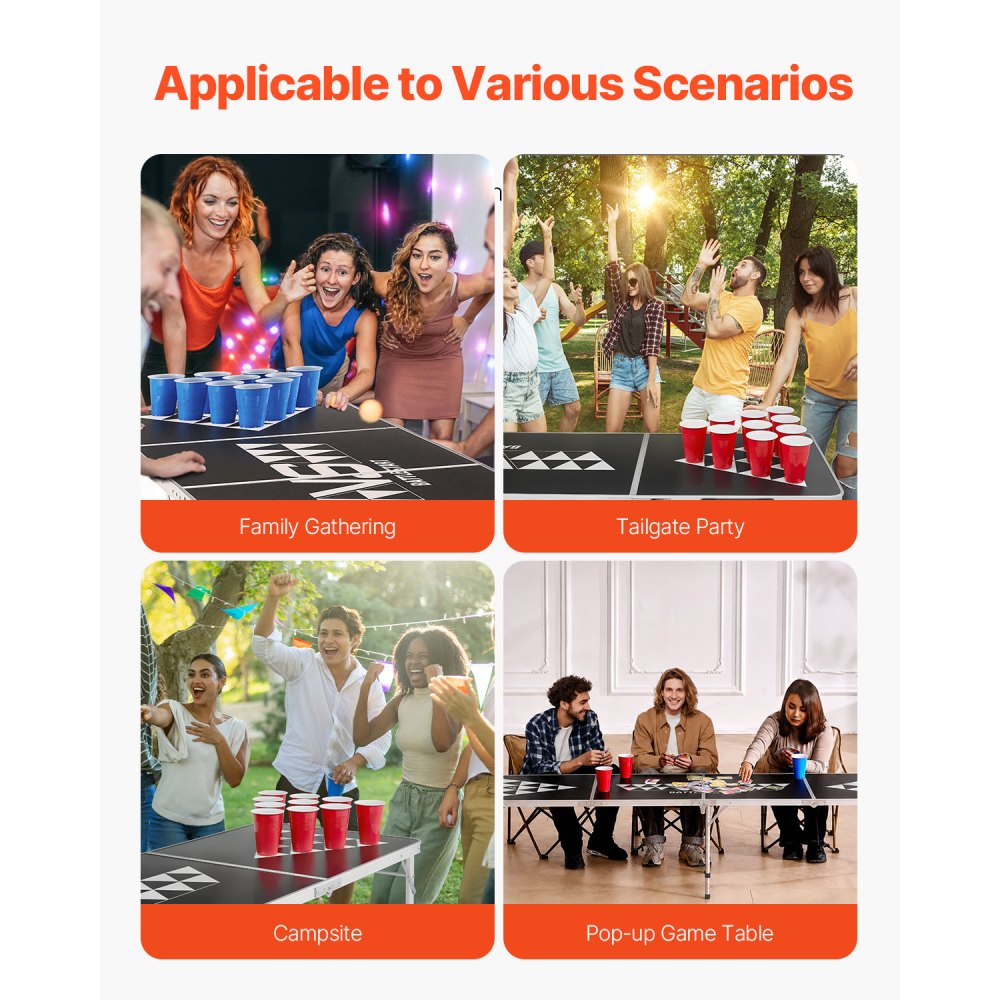 VEVOR 8 Foot Portable Beer Pong Table, Foldable Tailgate Table,Carrying Handles and 6 Pong Balls, Adjustable Height, Lightweight Table for Office, Tailgate Party, Travel and Camping, Black