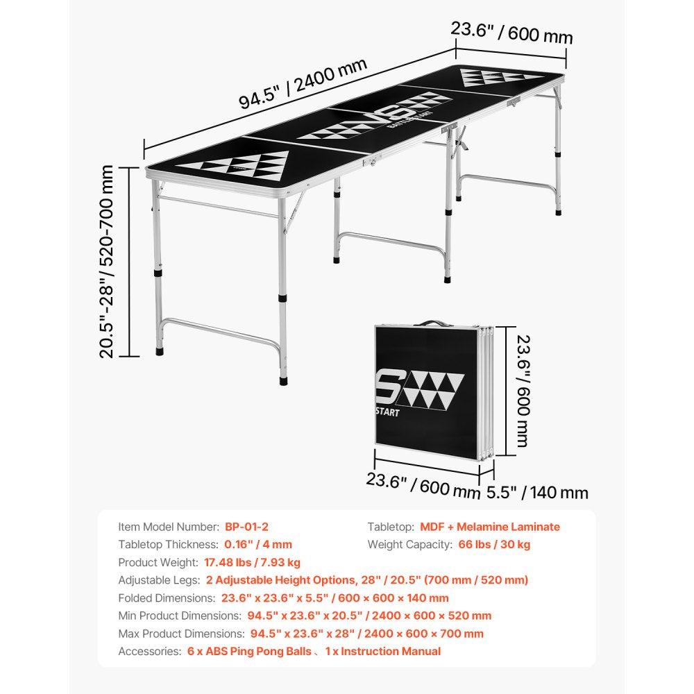 VEVOR 8 Foot Portable Beer Pong Table, Foldable Tailgate Table,Carrying Handles and 6 Pong Balls, Adjustable Height, Lightweight Table for Office, Tailgate Party, Travel and Camping, Black