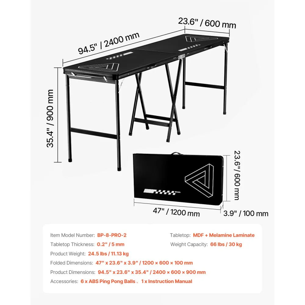 VEVOR 8 Foot Portable Beer Pong Table, Foldable 36 inch Heightened Table,  Carrying Handles and 6 Pong Balls, Lightweight Tailgate Table for Office, Tailgate Party, Travel & Camping, Black