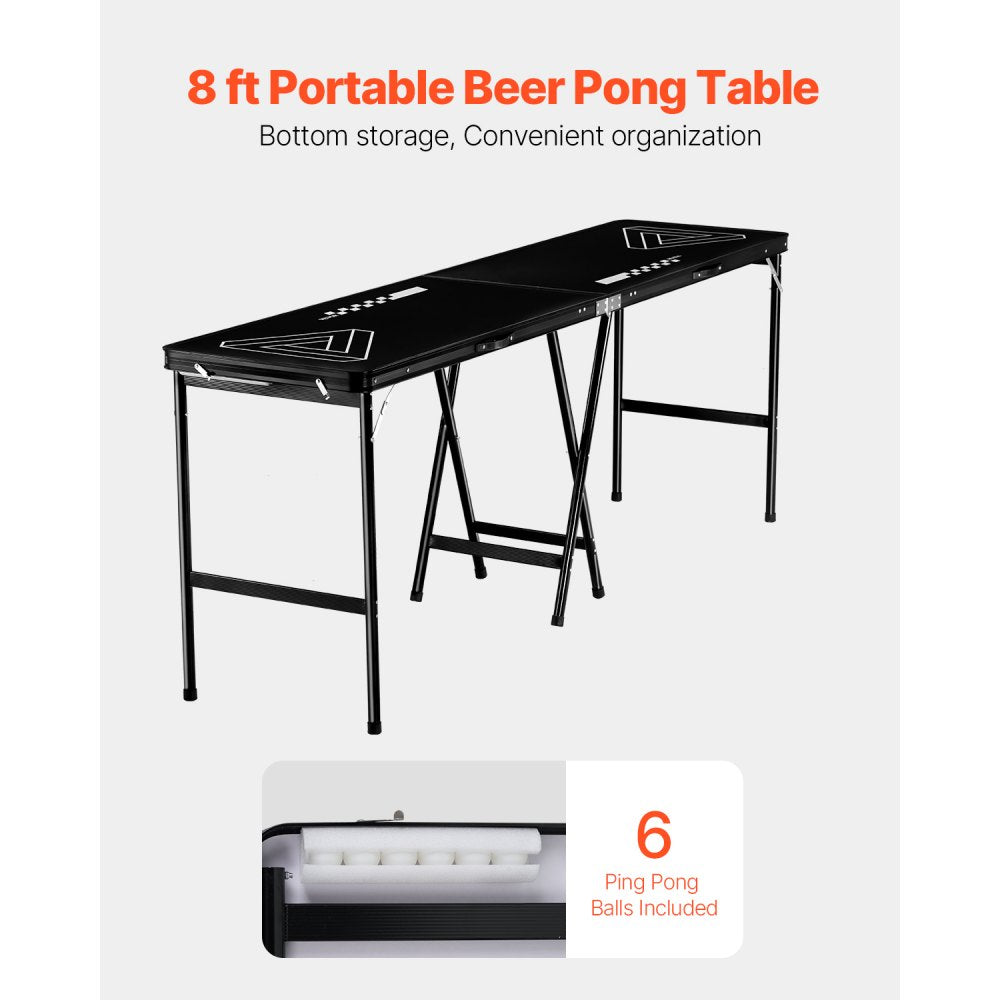 VEVOR 8 Foot Portable Beer Pong Table, Foldable 36 inch Heightened Table,  Carrying Handles and 6 Pong Balls, Lightweight Tailgate Table for Office, Tailgate Party, Travel & Camping, Black