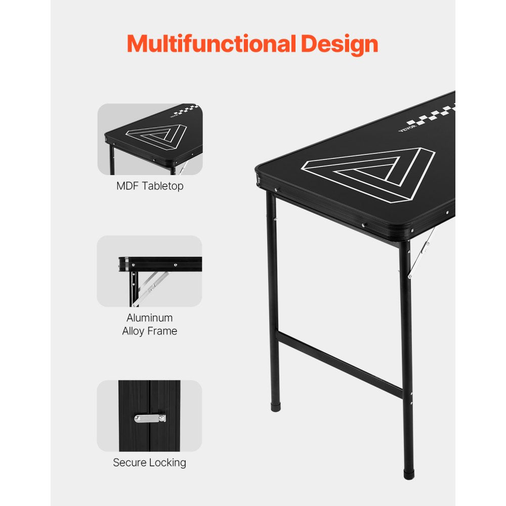 VEVOR 8 Foot Portable Beer Pong Table, Foldable 36 inch Heightened Table,  Carrying Handles and 6 Pong Balls, Lightweight Tailgate Table for Office, Tailgate Party, Travel & Camping, Black