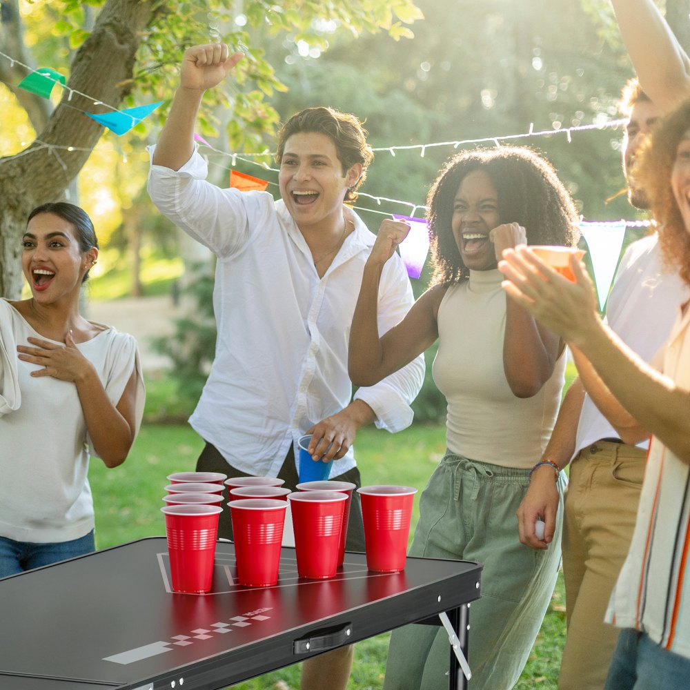 VEVOR 8 Foot Portable Beer Pong Table, Foldable 36 inch Heightened Table,  Carrying Handles and 6 Pong Balls, Lightweight Tailgate Table for Office, Tailgate Party, Travel & Camping, Black