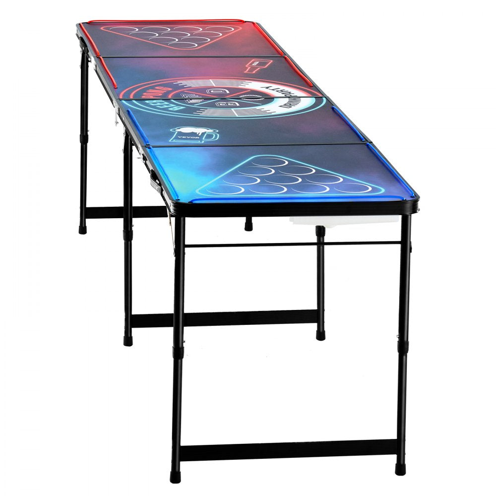 VEVOR 8 Foot Portable Beer Pong Table, LED Lights, Foldable Tailgate Table with Carrying Handles and 6 Pong Balls, Adjustable Height, Lightweight Table for Office, Tailgate Party, Travel & Camping