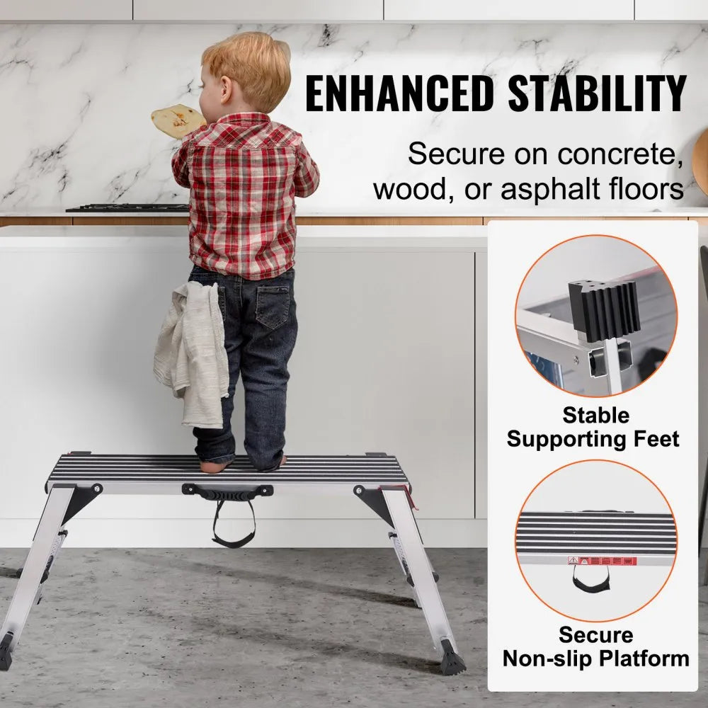 VEVOR Folding Work Platform, 660 lbs Load Capacity, Aluminum Drywall Stool Ladder, Heavy Duty Work Bench w/ Non-Slip Feet, Ideal for Washing Vehicles, Cleaning, Painting, Decorating