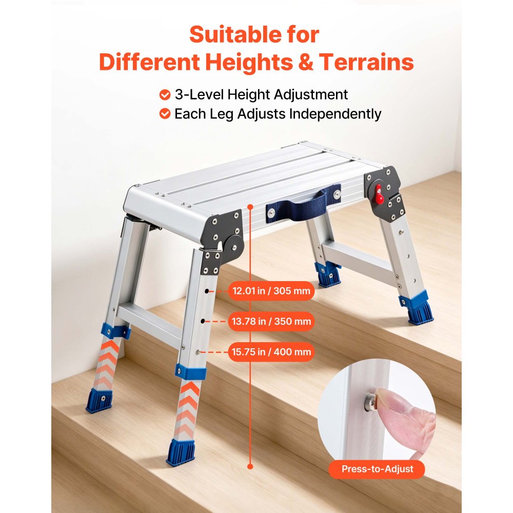 VEVOR Folding Work Platform, Adjustable Height 12-16 in, 500 lbs Capacity Aluminum Step Stool, Heavy Duty Non-Slip Platform Ladder, Portable Work Bench for Painting, Cleaning, Home & Professional Use