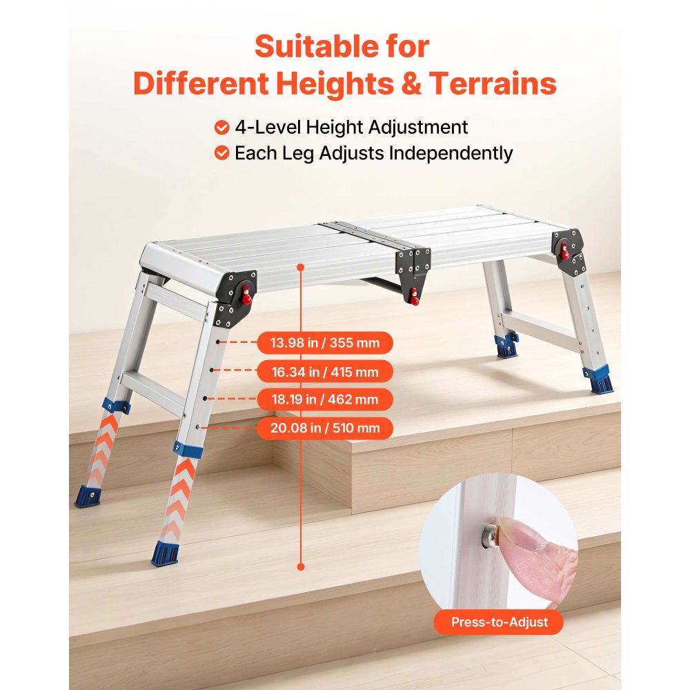 VEVOR Folding Work Platform, Adjustable Height 14.2-20 in, 500 lbs Capacity Aluminum Step Stool, Heavy Duty Non-Slip Platform Ladder, Portable Work Bench for Painting, Cleaning, Home & Professional