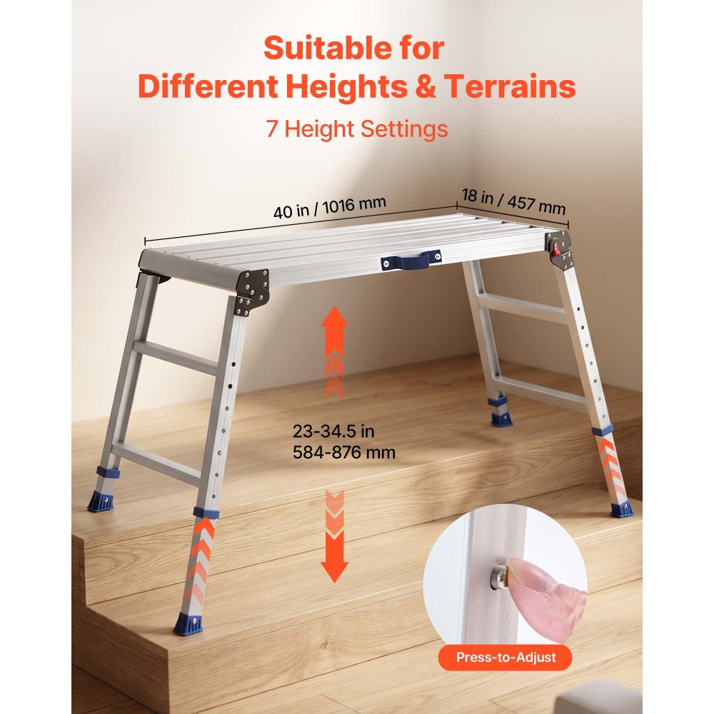 VEVOR Folding Work Platform, Adjustable Height 23-34.5 in, 40 x 18 in Aluminum Step Stool, 500 lbs Load Capacity, Heavy Duty Non-Slip Platform Ladder, Portable Work Bench for Painting, Maintenance
