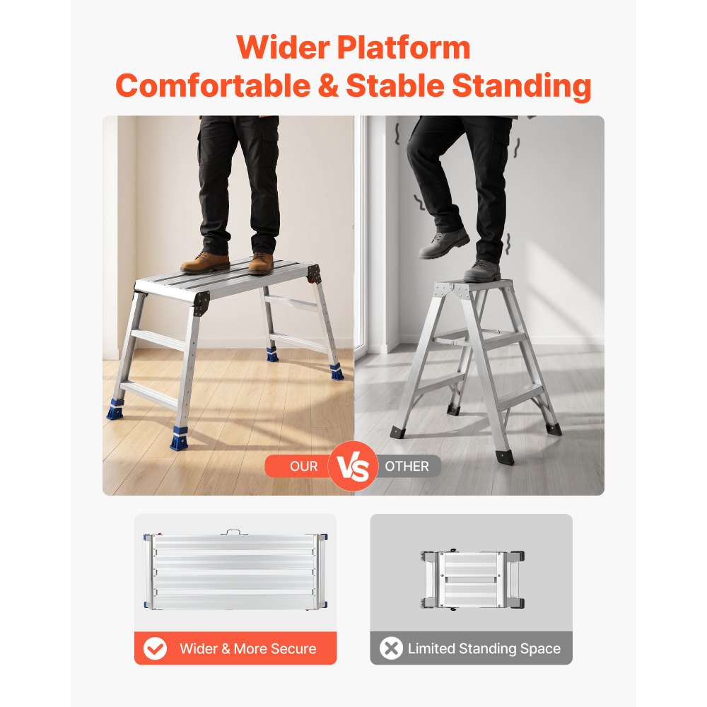 VEVOR Folding Work Platform, Adjustable Height 23-34.5 in, 40 x 18 in Aluminum Step Stool, 500 lbs Load Capacity, Heavy Duty Non-Slip Platform Ladder, Portable Work Bench for Painting, Maintenance