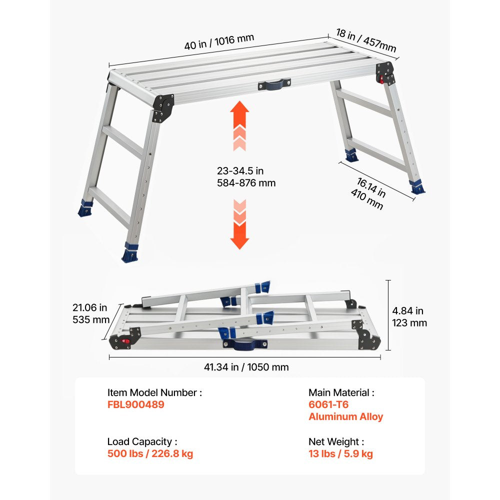 VEVOR Folding Work Platform, Adjustable Height 23-34.5 in, 40 x 18 in Aluminum Step Stool, 500 lbs Load Capacity, Heavy Duty Non-Slip Platform Ladder, Portable Work Bench for Painting, Maintenance