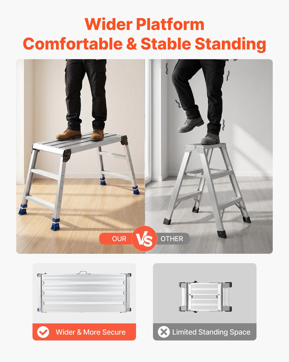 VEVOR Folding Work Platform, Adjustable Height 23-34.5 in, 40 x 18 in Aluminum Step Stool, 500 lbs Load Capacity, Heavy Duty Non-Slip Platform Ladder, Portable Work Bench for Painting, Maintenance