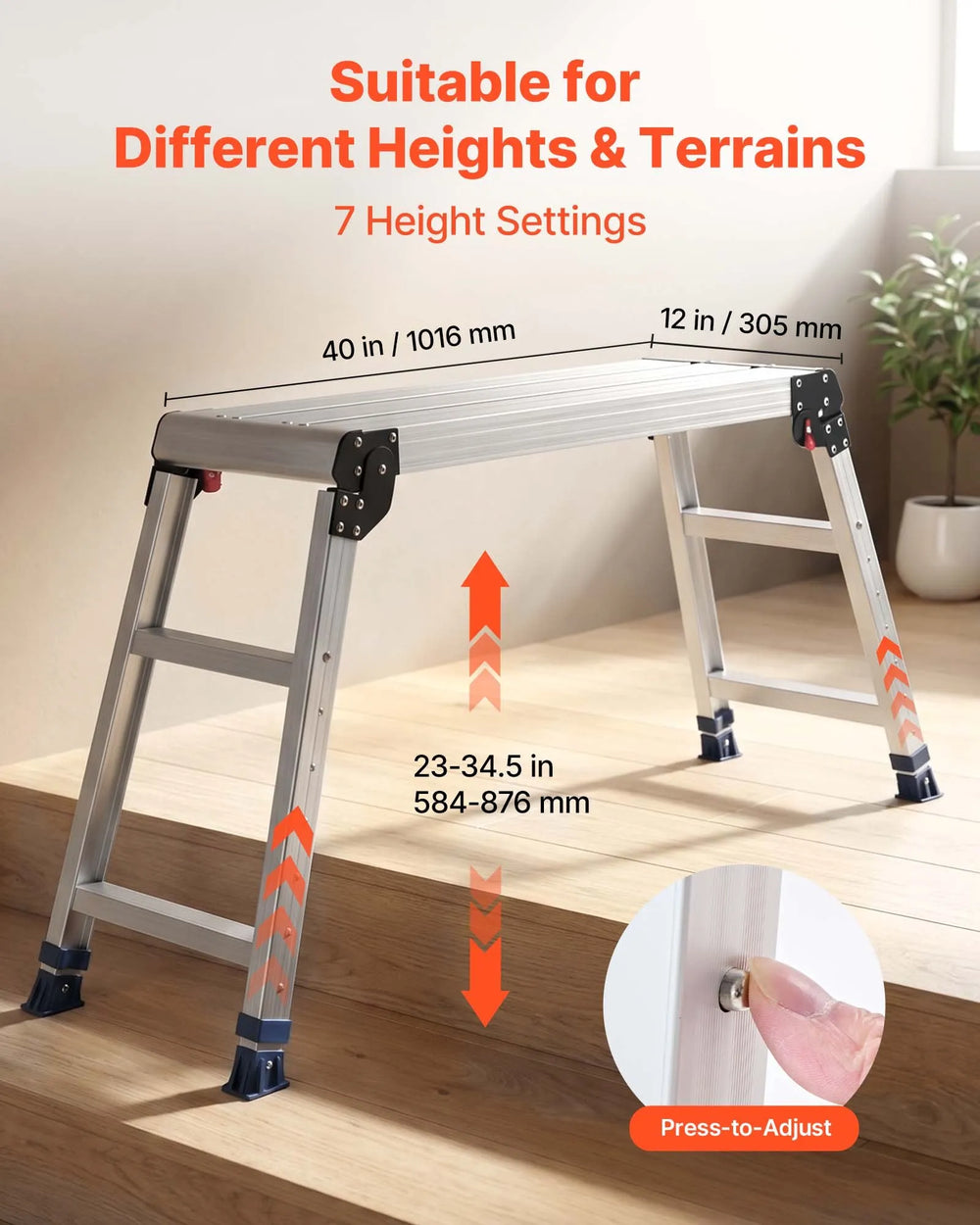 VEVOR Folding Work Platform, Adjustable Height 23-34.5 in, 40 x 12 in Aluminum Step Stool, 500 lbs Load Capacity, Heavy Duty Non-Slip Platform Ladder, Portable Work Bench for Painting, Maintenance