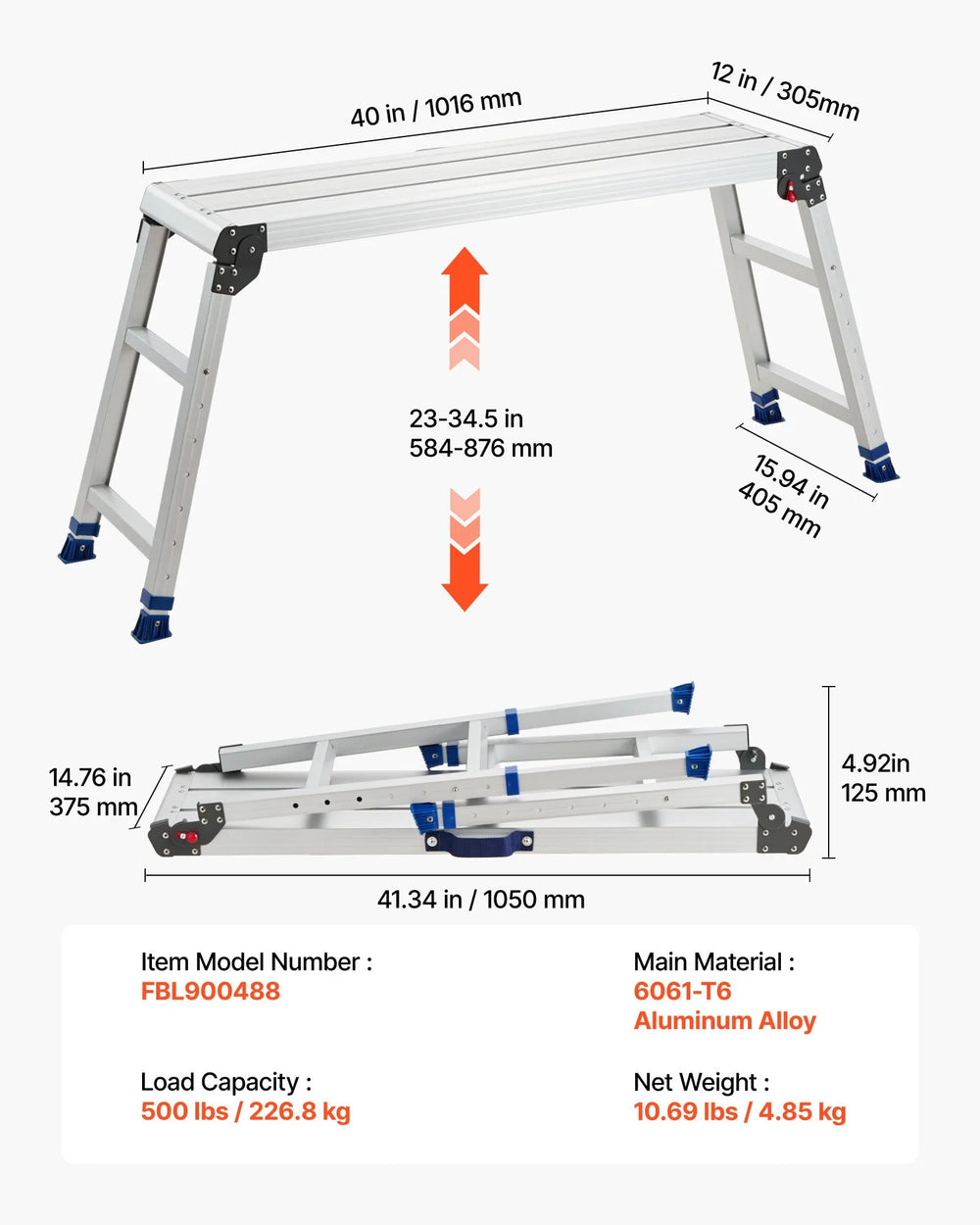 VEVOR Folding Work Platform, Adjustable Height 23-34.5 in, 40 x 12 in Aluminum Step Stool, 500 lbs Load Capacity, Heavy Duty Non-Slip Platform Ladder, Portable Work Bench for Painting, Maintenance