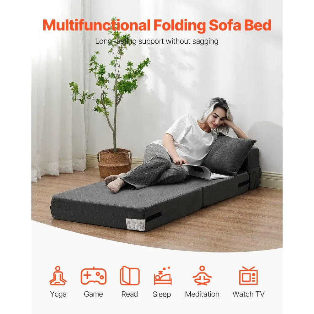 VEVOR Folding Sofa Bed, 3-in-1 Foldable Couch Bed with 2 Pillows and Washable Cover, 25D High Density Memory Foam Convertible Sleeper Chair Bed, Futon Couch for Living Room, Bedroom, Dark Grey(Single)