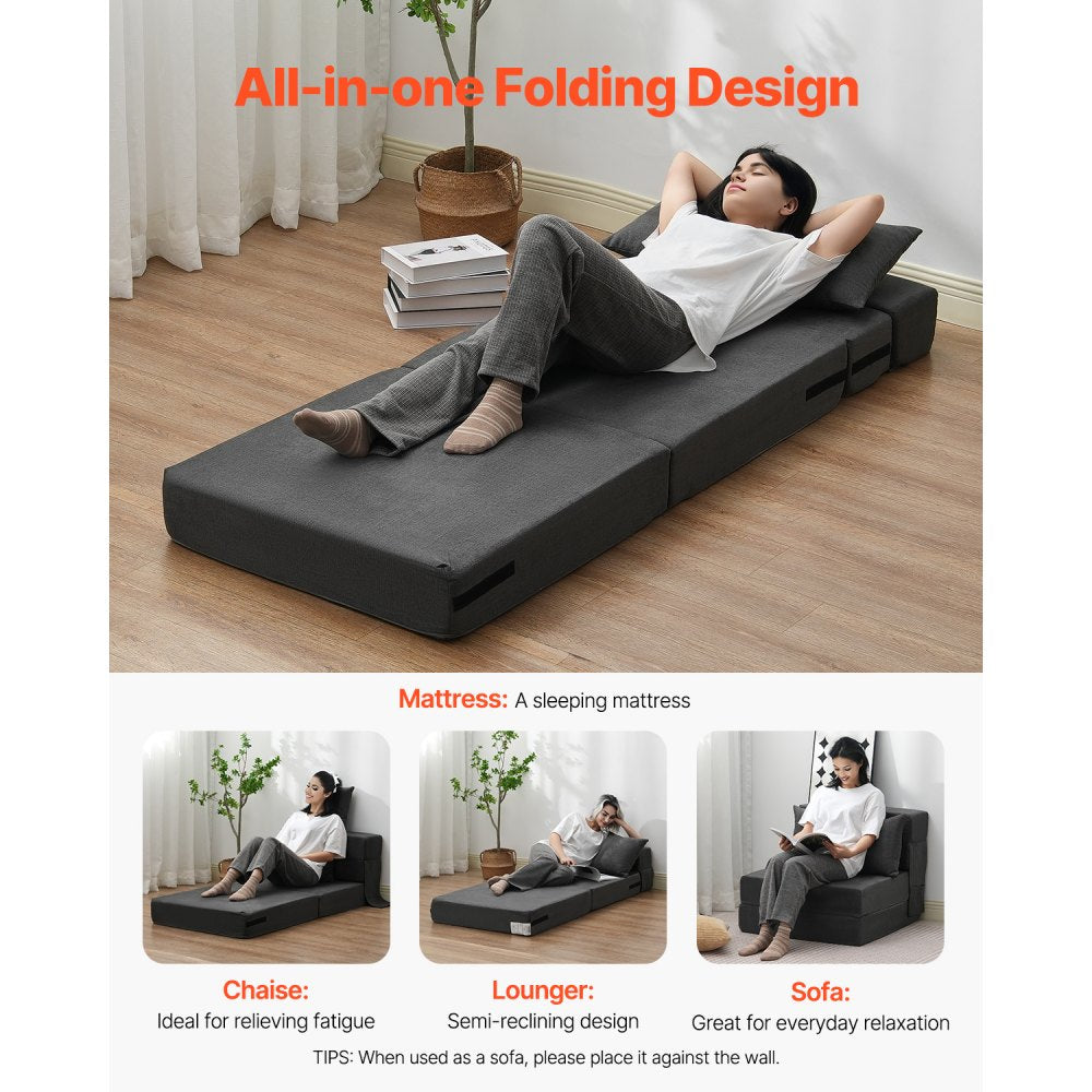 VEVOR Folding Sofa Bed, 3-in-1 Foldable Couch Bed with 2 Pillows and Washable Cover, 25D High Density Memory Foam Convertible Sleeper Chair Bed, Futon Couch for Living Room, Bedroom, Dark Grey(Single)