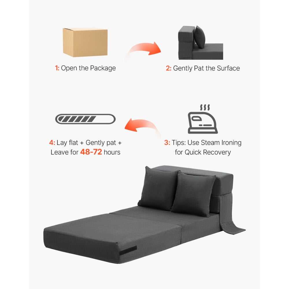 VEVOR Folding Sofa Bed, 3-in-1 Foldable Couch Bed with 2 Pillows and Washable Cover, 25D High Density Memory Foam Convertible Sleeper Chair Bed, Futon Couch for Living Room, Bedroom, Dark Grey(Single)