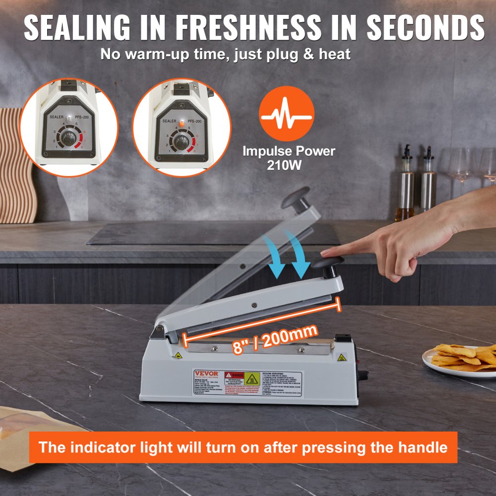 VEVOR Impulse Sealer 8 inch, Manual Heat Sealing Machine with Adjustable Heating Mode, Aluminum Shrink Wrap Bag Sealers for Plastic Mylar PE PP Bags, Portable Poly Bag Sealer with Extra Replace Kit