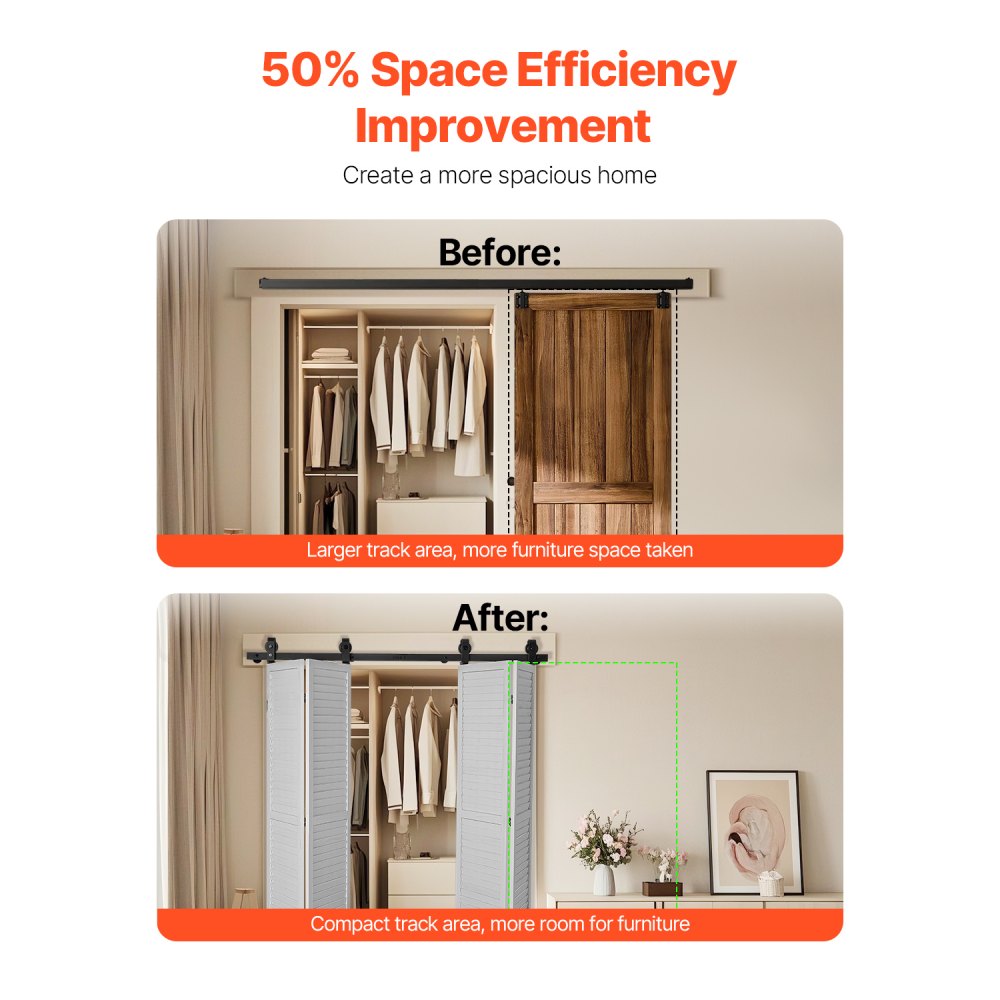 VEVOR Bi-Folding Sliding Barn Door Hardware Track Kit, 64" Top Mount Track Kit, Slide Smoothly & Quietly, Heavy Duty, Easy to Install, Suitable for Four 15" Closet Pantry Laundry Doors (Not Included)