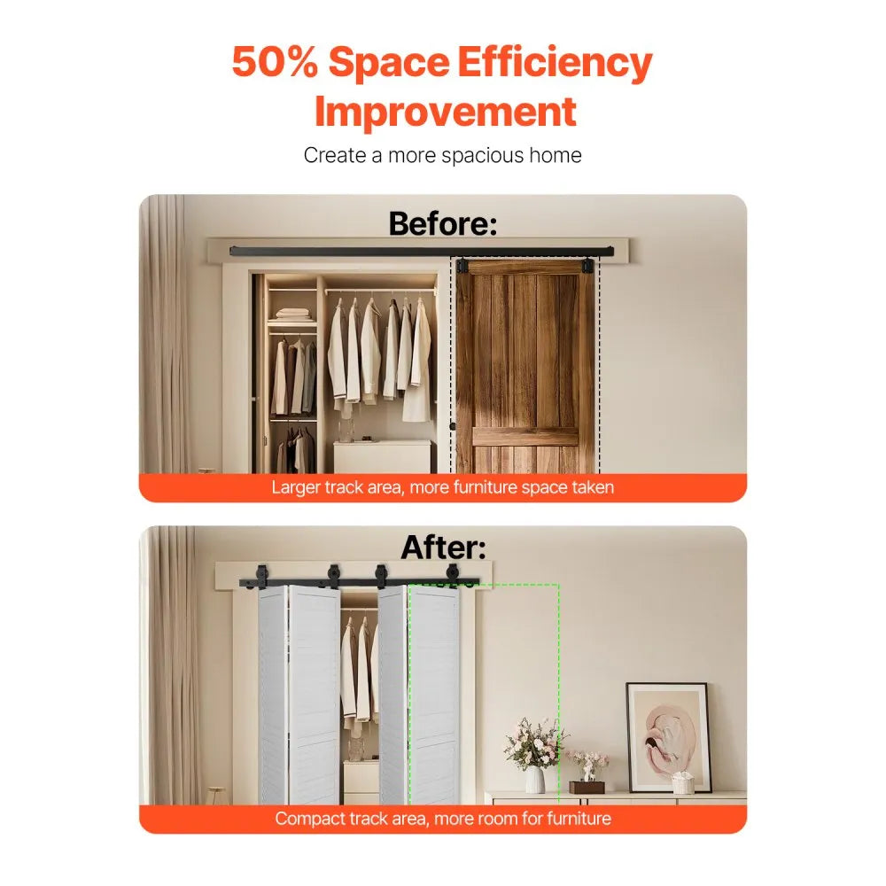 VEVOR Bi-Folding Sliding Barn Door Hardware Track Kit, 52" Top Mount Track Kit, Slide Smoothly & Quietly, Heavy Duty, Easy to Install, Suitable for Four 12" Closet Pantry Laundry Doors (Not Included)