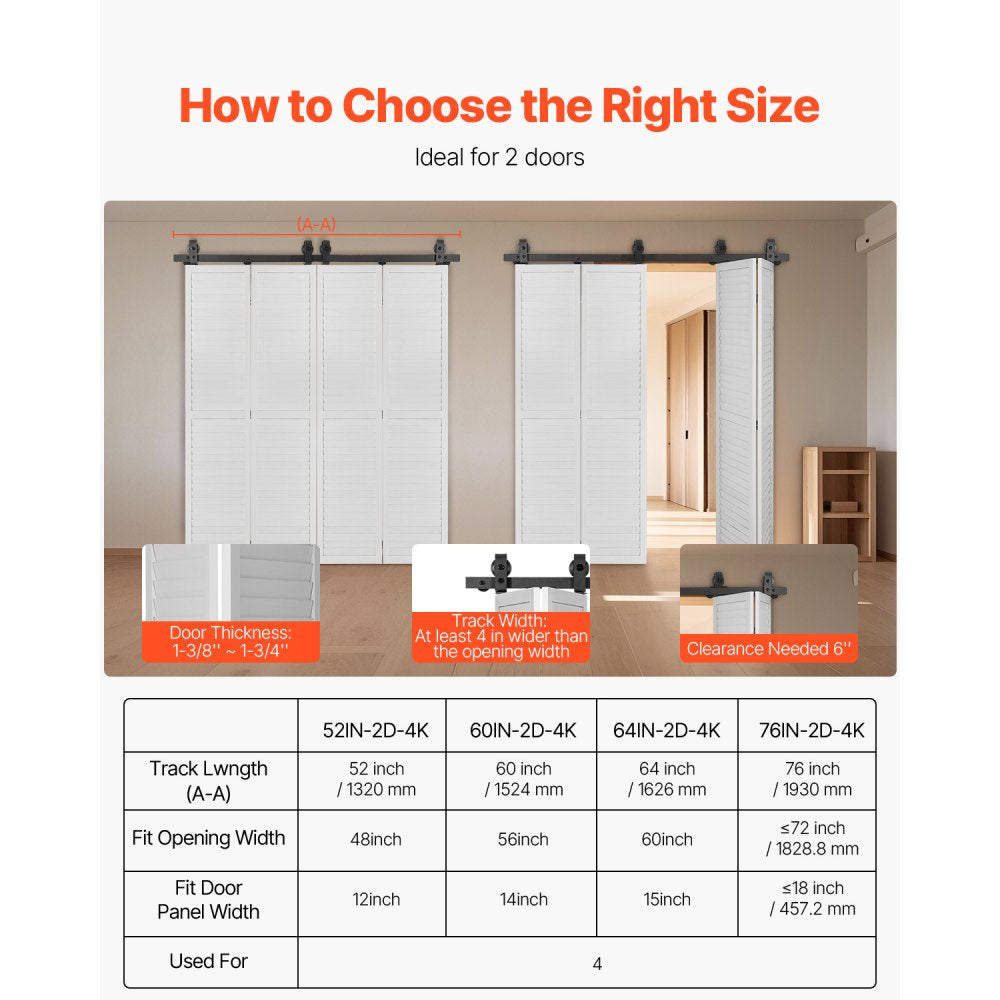 VEVOR Bi-Folding Sliding Barn Door Hardware Track Kit, 60" Top Mount Track Kit, Slide Smoothly & Quietly, Heavy Duty, Easy to Install, Suitable for Four 14" Closet Pantry Laundry Doors (Not Included)
