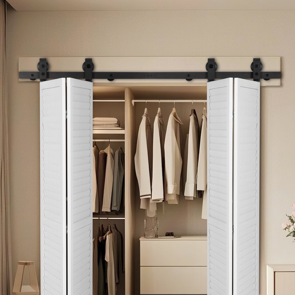 VEVOR Bi-Folding Sliding Barn Door Hardware Track Kit, 60" Top Mount Track Kit, Slide Smoothly & Quietly, Heavy Duty, Easy to Install, Suitable for Four 14" Closet Pantry Laundry Doors (Not Included)