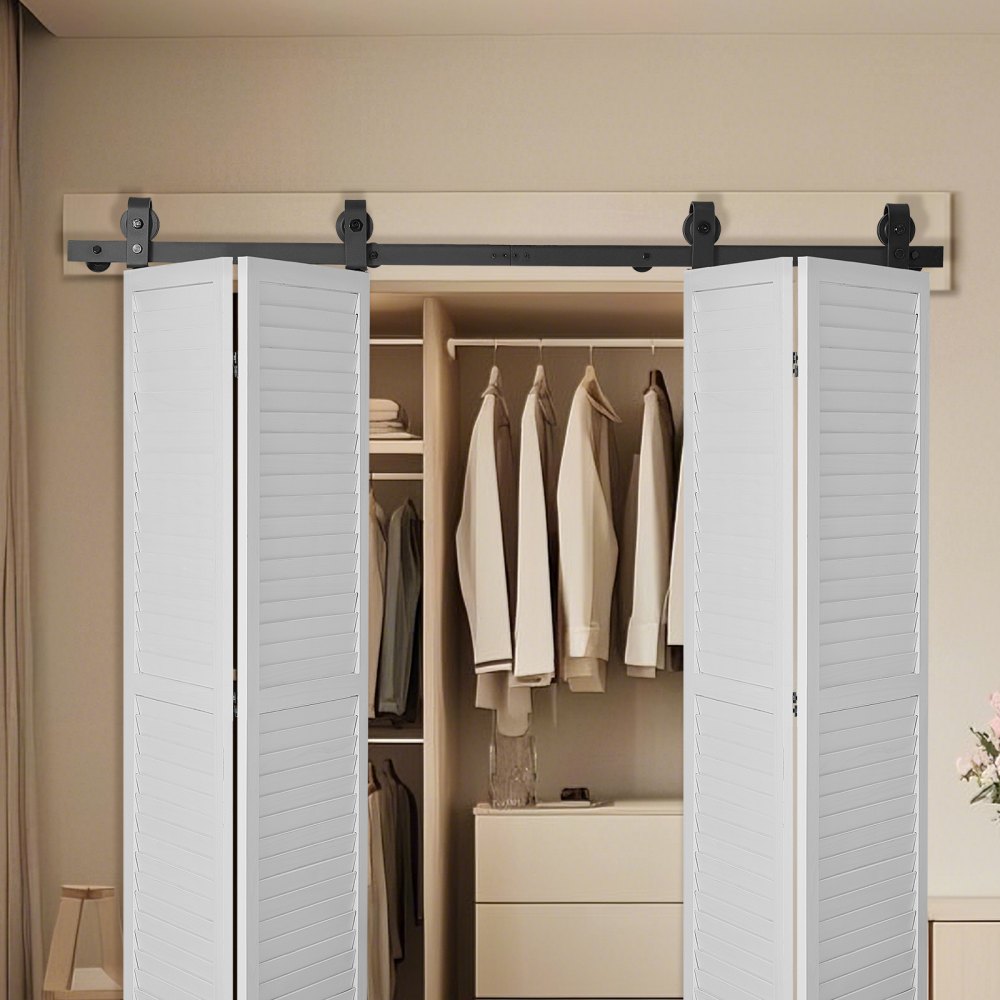 VEVOR Bi-Folding Sliding Barn Door Hardware Track Kit, 76" Top Mount Track Kit, Slide Smoothly & Quietly, Heavy Duty, Easy to Install, Suitable for Four 18" Closet Pantry Laundry Doors (Not Included)