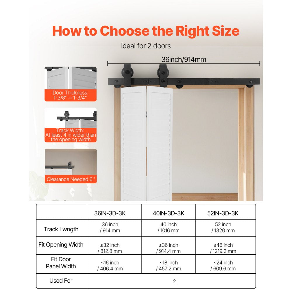 VEVOR Bi-Folding Sliding Barn Door Hardware Track Kit, 36" Top Mount Track Kit, Slide Smoothly & Quietly, Heavy Duty, Easy to Install, Suitable for Two 16" Closet Pantry Laundry Doors (Not Included)