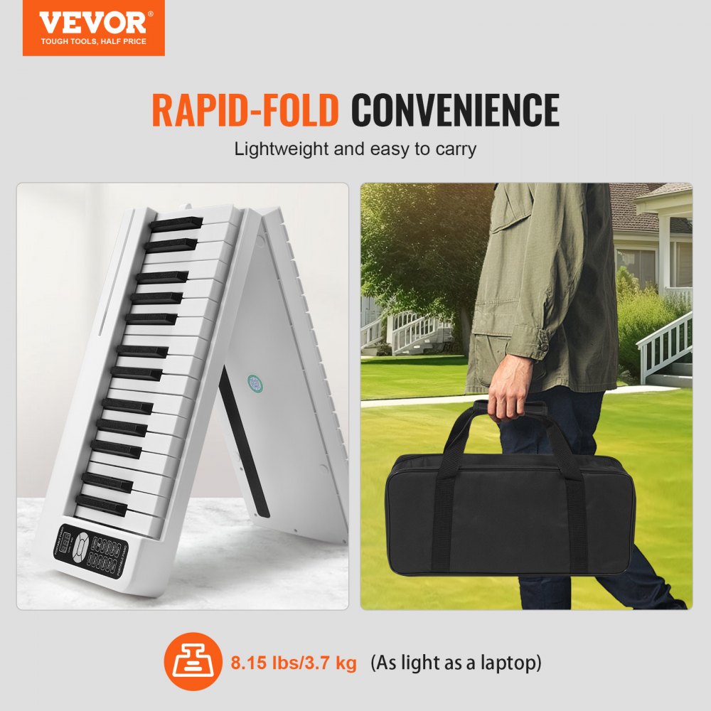 VEVOR 61 Key Folding Keyboard Piano, Bluetooth & MIDI, Portable Electronic Digital Foldable Piano with Sustain Pedal Touch Sensitive Lighted Keys Bag, Rechargeable for Beginners Teens Adults, White