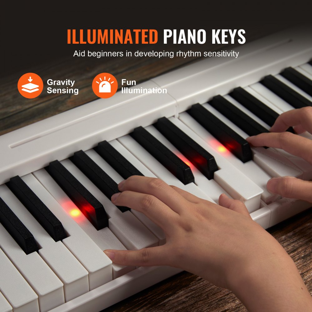 VEVOR 61 Key Folding Keyboard Piano, Bluetooth & MIDI, Portable Electronic Digital Foldable Piano with Sustain Pedal Touch Sensitive Lighted Keys Bag, Rechargeable for Beginners Teens Adults, White