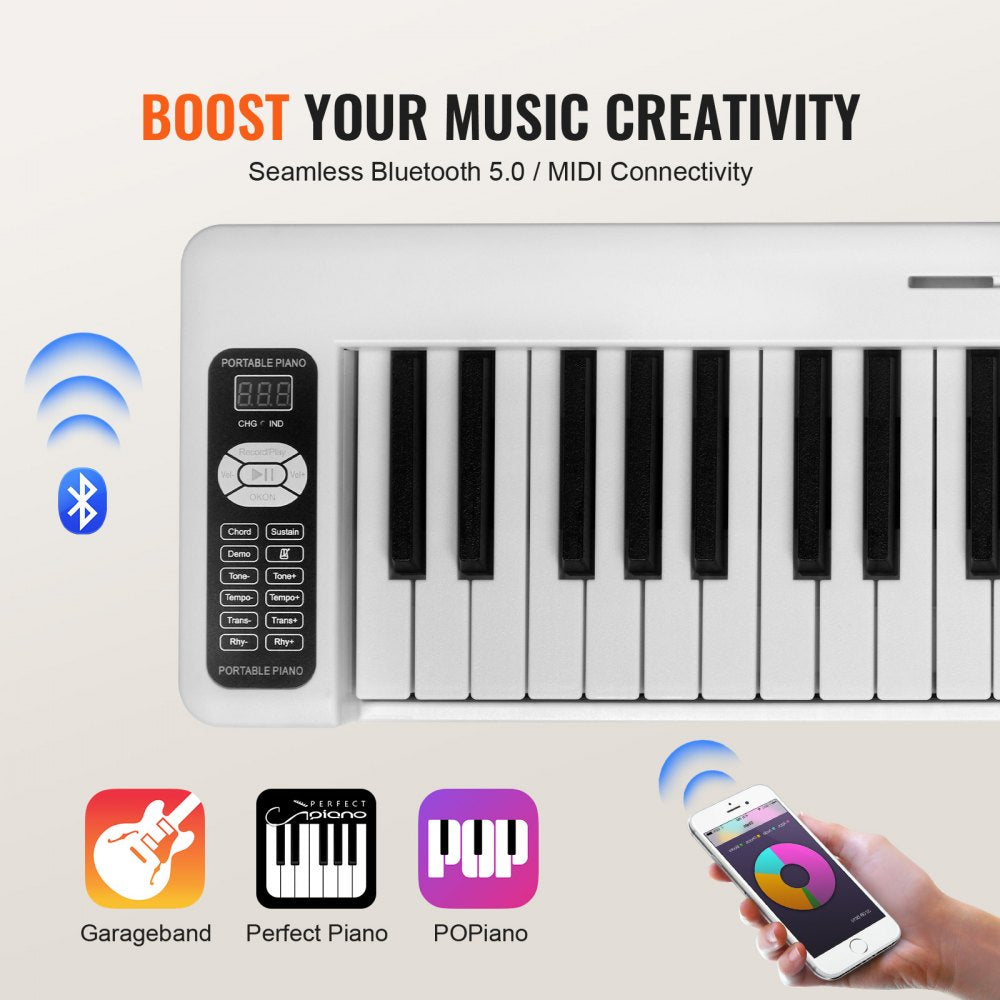 VEVOR 61 Key Folding Keyboard Piano, Bluetooth & MIDI, Portable Electronic Digital Foldable Piano with Sustain Pedal Touch Sensitive Lighted Keys Bag, Rechargeable for Beginners Teens Adults, White