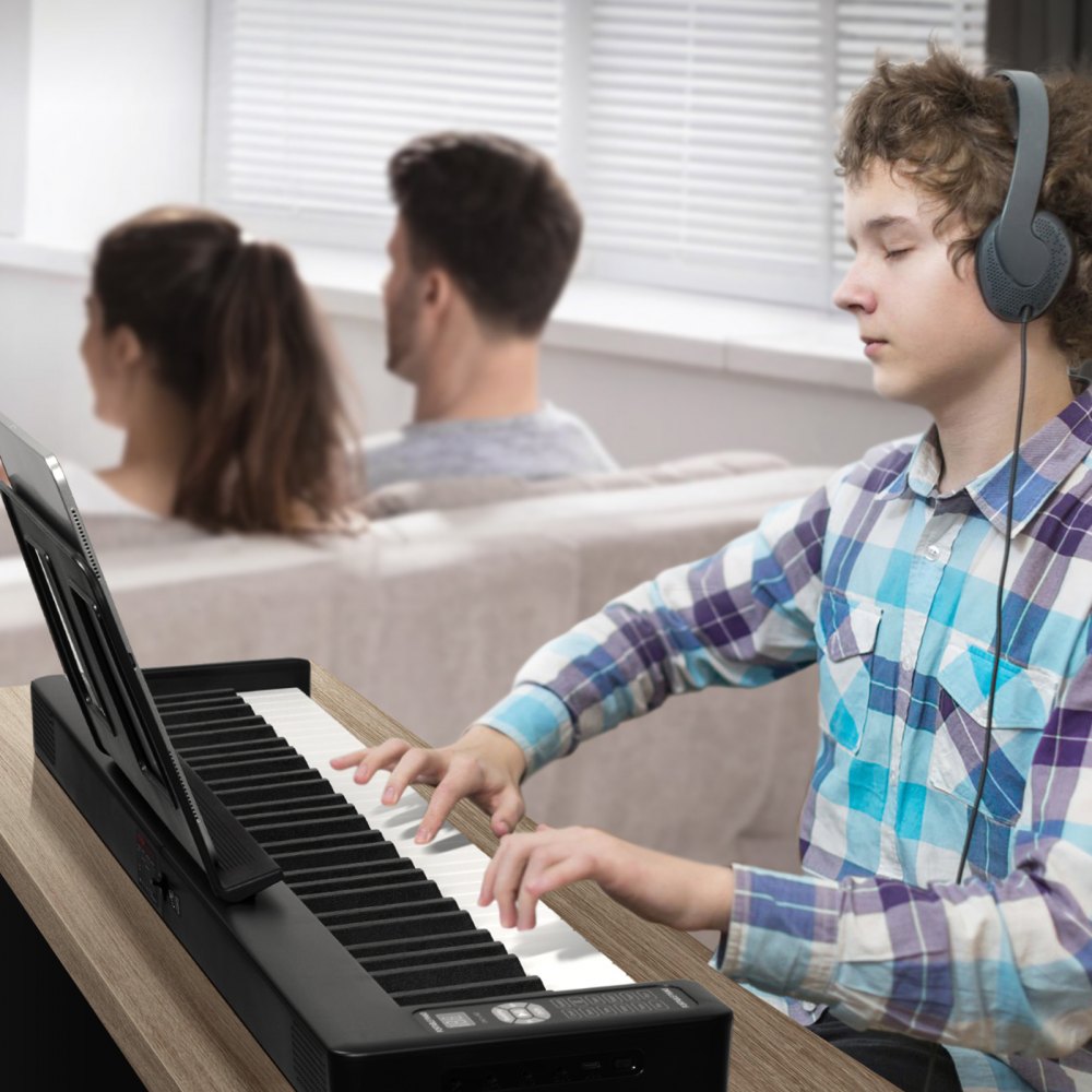 VEVOR 61 Key Folding Keyboard Piano, Bluetooth & MIDI, Portable Electronic Digital Foldable Piano with Sustain Pedal Touch Sensitive Lighted Keys Bag, Rechargeable for Beginners Teens Adults, Black